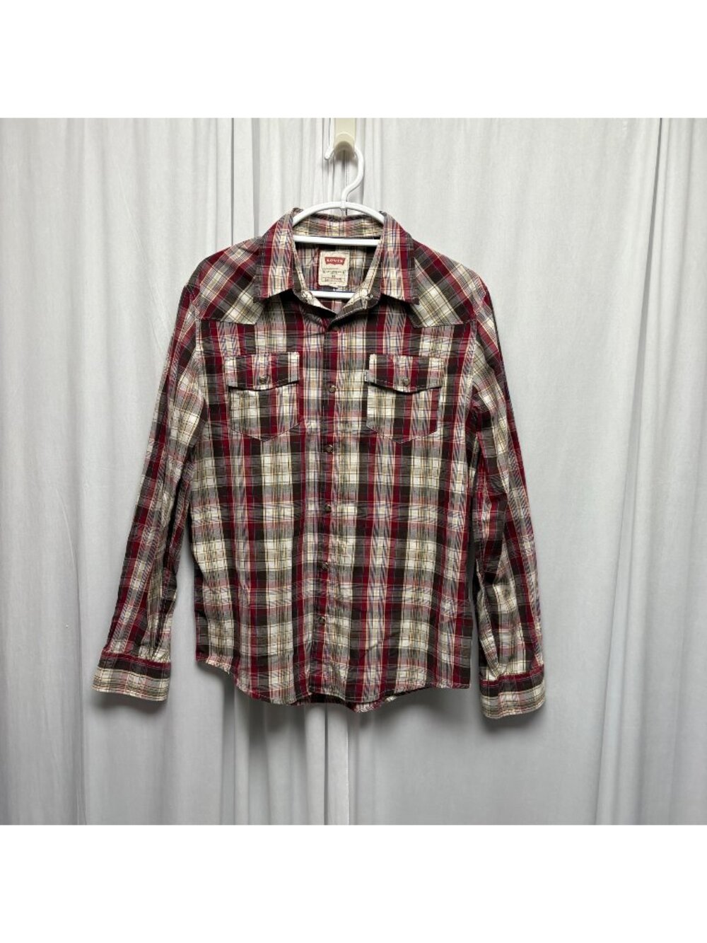 Levis Red Beige Plaid Shirt Mens Size Medium Western Pearl Snaps Modern Fit